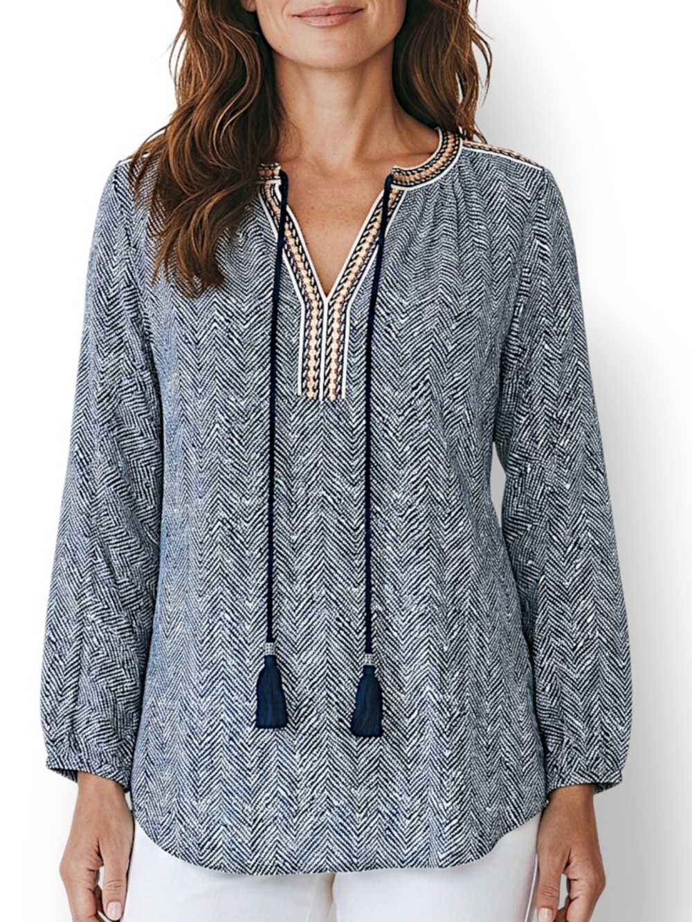 4/$20 DR2 Blue White Printed Split Neck Tassel Blouse Small